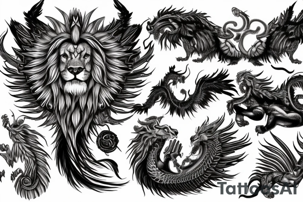 lion dragon shaman pegasus
 mystical
 lions mane
dragons wings
dragons feet
abstract negative space
dark
hallucinogenic tattoo idea