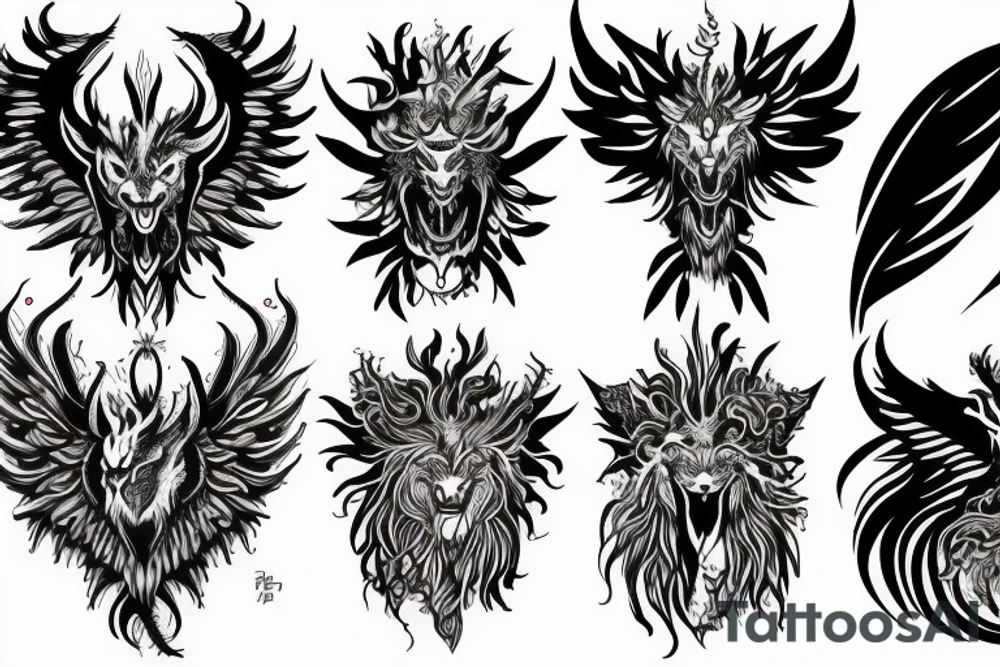 lion dragon shaman pegasus
 mystical
 lions mane
dragons wings
dragons feet
abstract negative space
dark
hallucinogenic tattoo idea