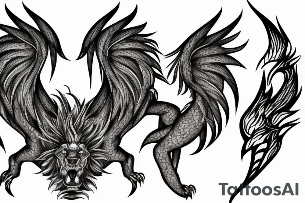 lion dragon shaman pegasus
 mystical
 lions mane
dragons wings
dragons feet
abstract negative space
dark
hallucinogenic tattoo idea