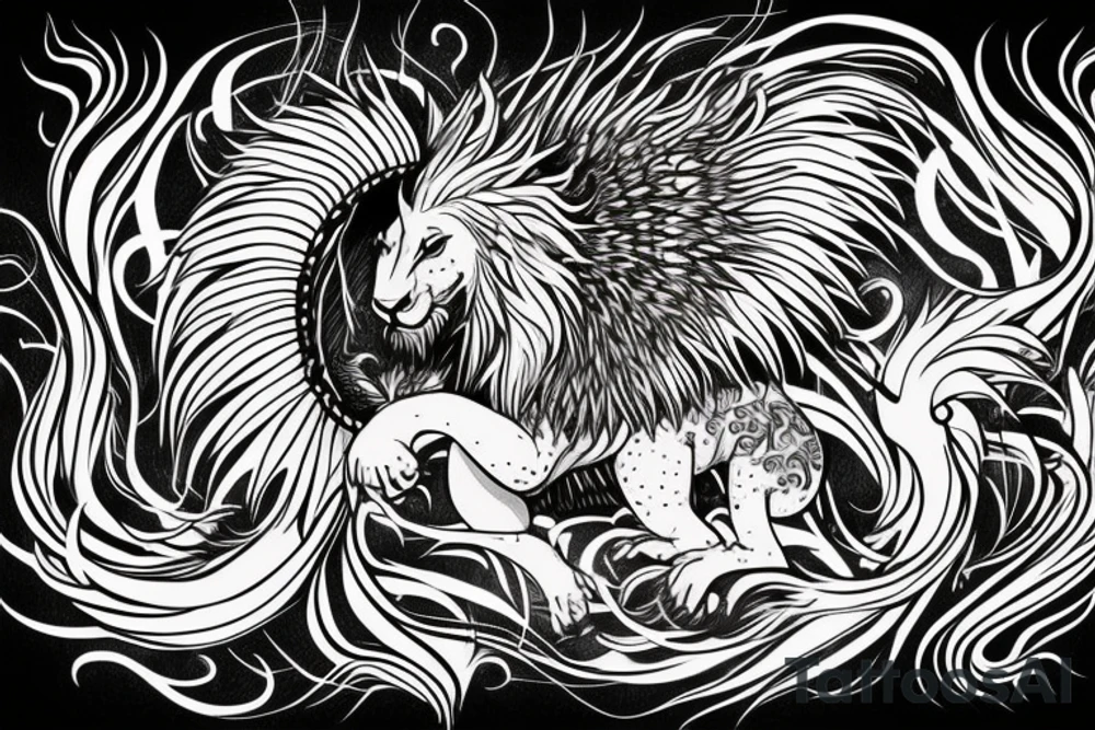 lion dragon shaman pegasus
 mystical
 lions mane
dragons wings
dragons feet
abstract negative space
dark
hallucinogenic tattoo idea