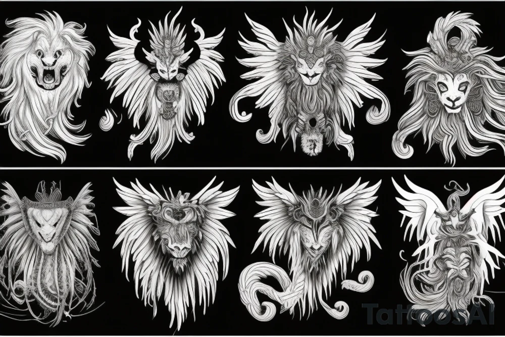 lion dragon shaman pegasus
 mystical
 lions mane
dragons wings
dragons feet
abstract negative space
dark
hallucinogenic tattoo idea