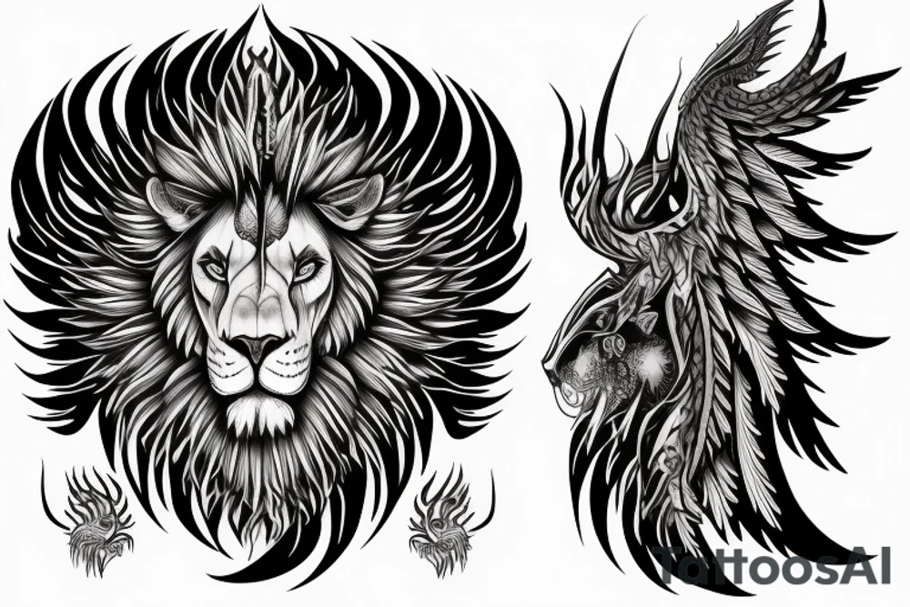 lion dragon shaman pegasus
 mystical
 lions mane
dragons wings
dragons feet
abstract negative space
dark
hallucinogenic tattoo idea