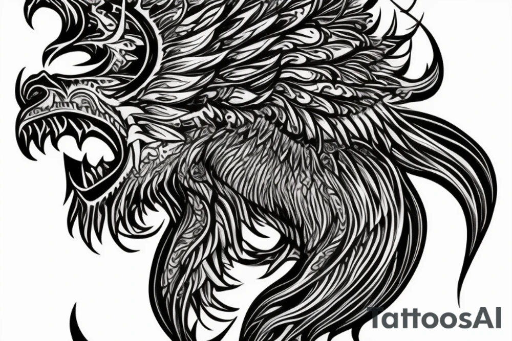 lion dragon shaman pegasus
 mystical
 lions mane
dragons wings
dragons feet
abstract negative space
dark
hallucinogenic tattoo idea