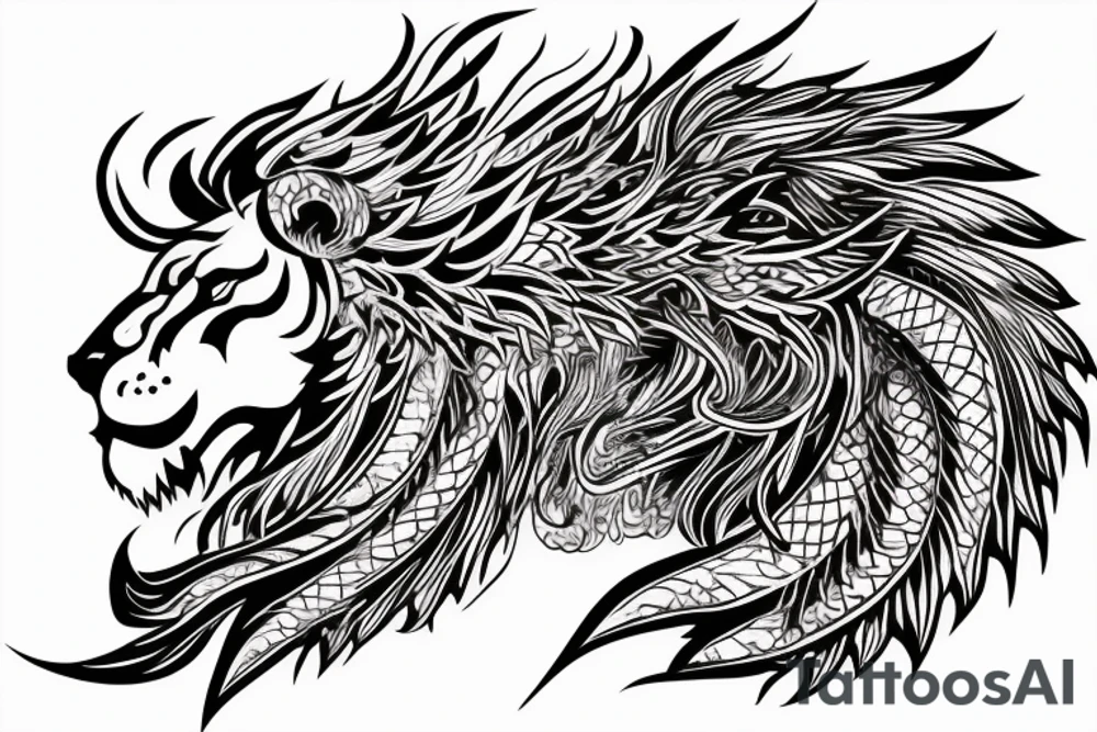 lion dragon shaman pegasus
 mystical
 lions mane
dragons wings
dragons feet
abstract negative space
dark
hallucinogenic
Divinely Illuminated tattoo idea