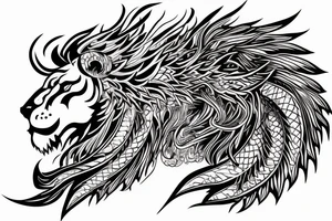 lion dragon shaman pegasus
 mystical
 lions mane
dragons wings
dragons feet
abstract negative space
dark
hallucinogenic
Divinely Illuminated tattoo idea