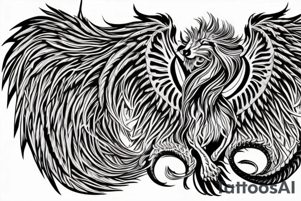 lion dragon shaman pegasus
 mystical
 lions mane
dragons wings
dragons feet
abstract negative space
dark
hallucinogenic
Divinely Illuminated tattoo idea