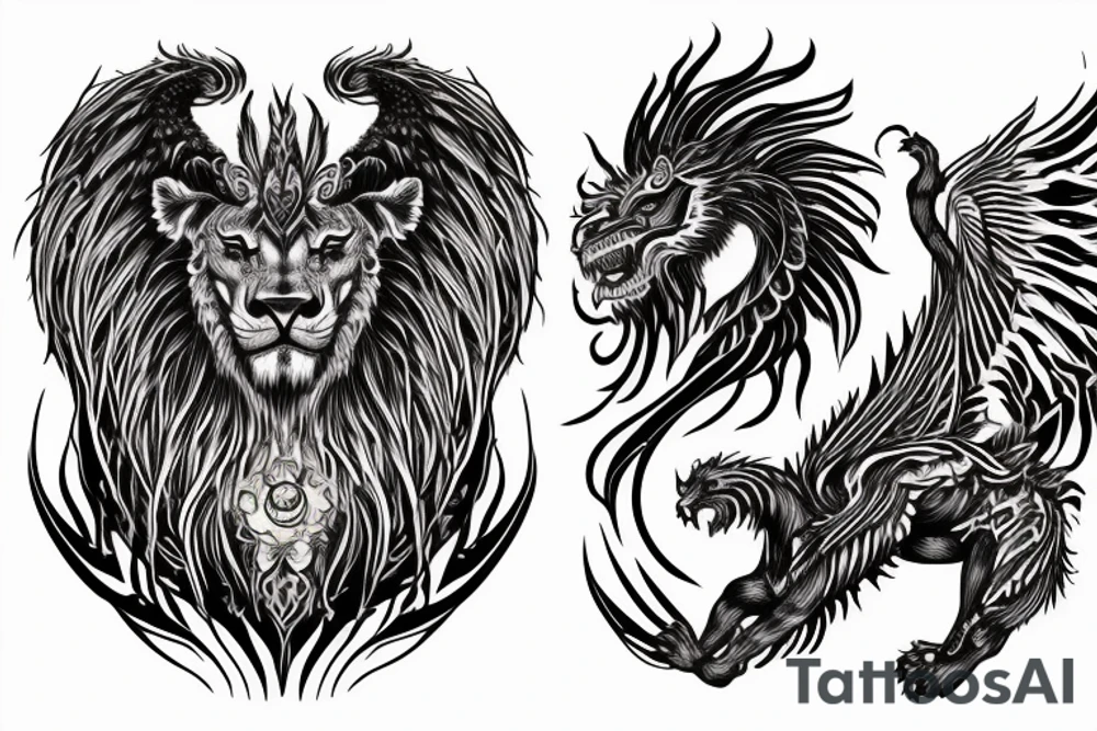 lion dragon shaman pegasus
 mystical
 lions mane
dragons wings
dragons feet
abstract negative space
dark
hallucinogenic
Divinely Illuminated tattoo idea