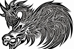 lion dragon shaman pegasus
 mystical
 lions mane
dragons wings
dragons feet
abstract negative space
dark
hallucinogenic
Divinely Illuminated tattoo idea