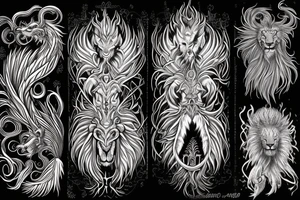 lion dragon shaman pegasus
 mystical
 lions mane
dragons wings
dragons feet
abstract negative space
dark
hallucinogenic
Divinely Illuminated tattoo idea
