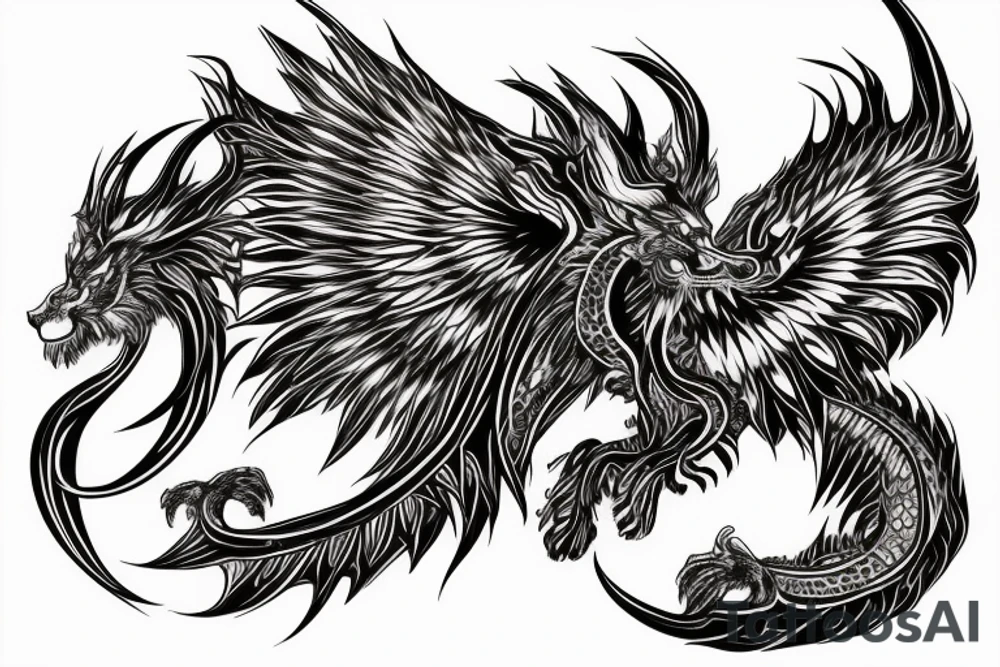 lion dragon shaman pegasus
 mystical
 lions mane
dragons wings
dragons feet
abstract negative space
dark
hallucinogenic
Divinely Illuminated
Fortune telling tattoo idea