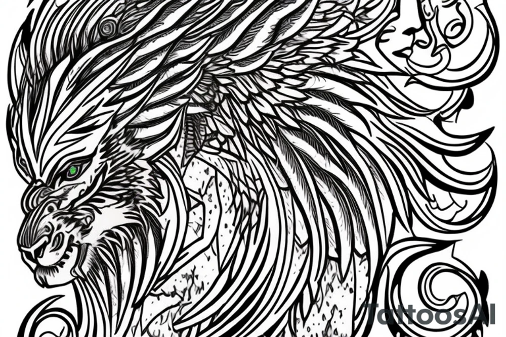 lion dragon shaman pegasus
 mystical
 lions mane
dragons wings
dragons feet
abstract negative space
dark
hallucinogenic
Divinely Illuminated
Fortune telling tattoo idea