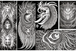 lion dragon shaman pegasus
 mystical
 lions mane
dragons wings
dragons feet
abstract negative space
dark
hallucinogenic
Divinely Illuminated
Fortune telling tattoo idea