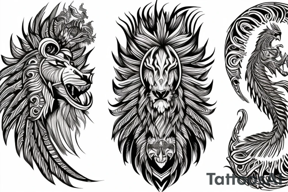 lion dragon shaman pegasus
 mystical
 lions mane
dragons wings
dragons feet
abstract negative space
dark
hallucinogenic
Divinely Illuminated
Fortune telling tattoo idea
