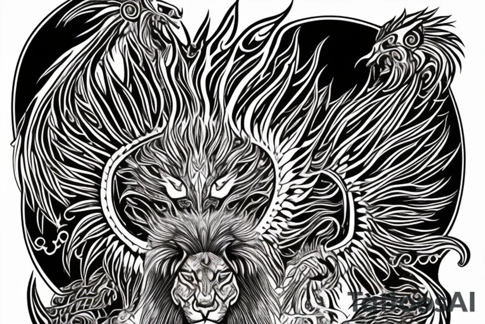 lion dragon shaman pegasus
 mystical
 lions mane
dragons wings
dragons feet
abstract negative space
dark
hallucinogenic
Divinely Illuminated
Fortune telling tattoo idea