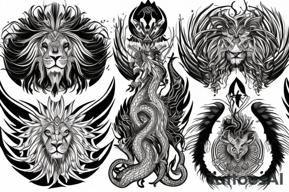 lion dragon shaman pegasus
 mystical
 lions mane
dragons wings
dragons feet
abstract negative space
dark
hallucinogenic
Fortune telling tattoo idea