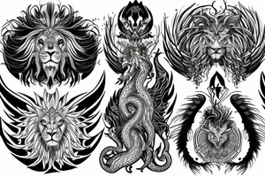 lion dragon shaman pegasus
 mystical
 lions mane
dragons wings
dragons feet
abstract negative space
dark
hallucinogenic
Fortune telling tattoo idea
