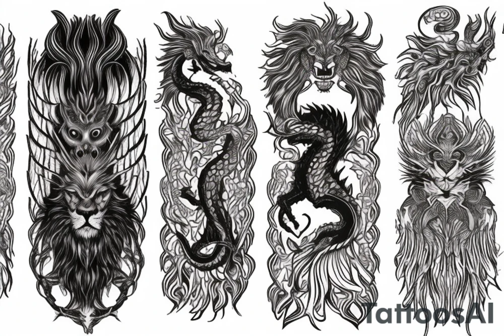 lion dragon shaman pegasus
 mystical
 lions mane
dragons wings
dragons feet
abstract negative space
dark
hallucinogenic
Fortune telling tattoo idea