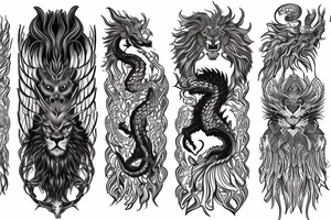 lion dragon shaman pegasus
 mystical
 lions mane
dragons wings
dragons feet
abstract negative space
dark
hallucinogenic
Fortune telling tattoo idea