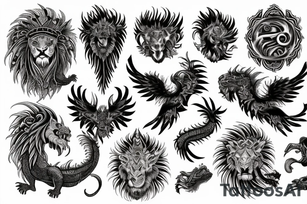 lion dragon shaman pegasus
 mystical
 lions mane
dragons wings
dragons feet
abstract negative space
dark
hallucinogenic
Fortune telling tattoo idea
