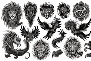 lion dragon shaman pegasus
 mystical
 lions mane
dragons wings
dragons feet
abstract negative space
dark
hallucinogenic
Fortune telling tattoo idea