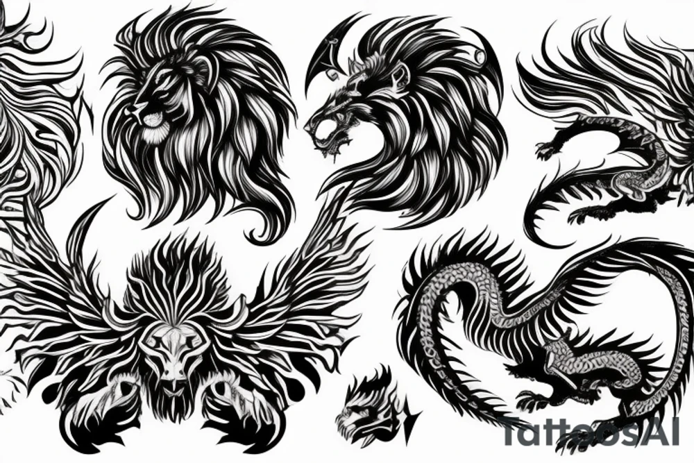 lion dragon shaman pegasus
 mystical
 lions mane
dragons wings
dragons feet
abstract negative space
dark
hallucinogenic
Fortune telling tattoo idea