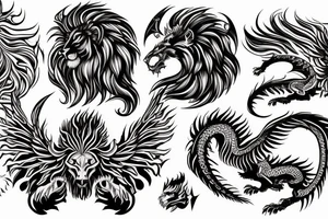 lion dragon shaman pegasus
 mystical
 lions mane
dragons wings
dragons feet
abstract negative space
dark
hallucinogenic
Fortune telling tattoo idea