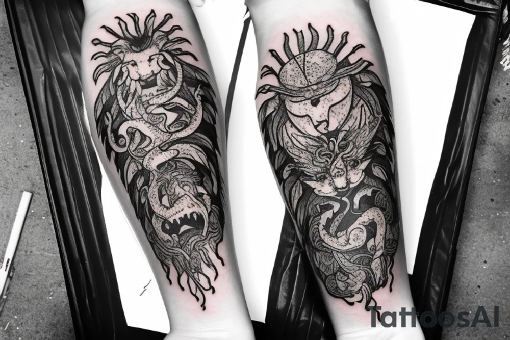 lion dragon shaman pegasus
 mystical
 lions mane
dragons wings
dragons feet
abstract negative space
dark
hallucinogenic
Fortune teller
Snow globe tattoo idea