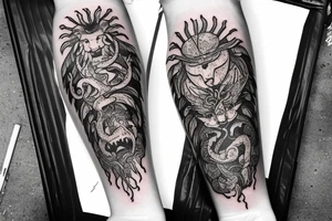 lion dragon shaman pegasus
 mystical
 lions mane
dragons wings
dragons feet
abstract negative space
dark
hallucinogenic
Fortune teller
Snow globe tattoo idea