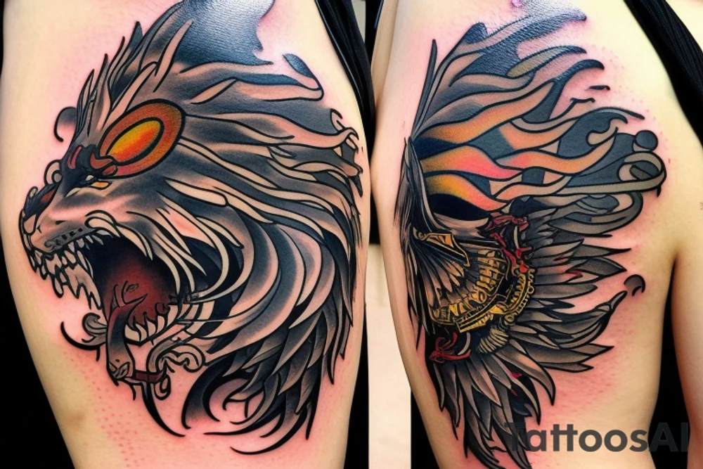 lion dragon shaman pegasus
 mystical
 lions mane
dragons wings
dragons feet
abstract negative space
dark
hallucinogenic
Fortune teller
Snow globe tattoo idea