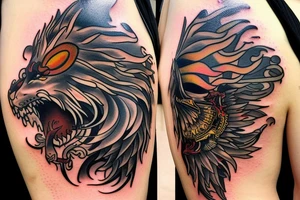 lion dragon shaman pegasus
 mystical
 lions mane
dragons wings
dragons feet
abstract negative space
dark
hallucinogenic
Fortune teller
Snow globe tattoo idea