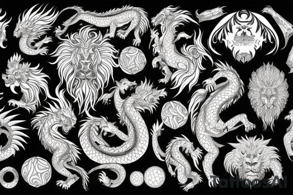 lion dragon shaman pegasus
 mystical
 lions mane
dragons wings
dragons feet
abstract negative space
dark
hallucinogenic
Fortune teller
Chrystal ball
Orbuculum tattoo idea