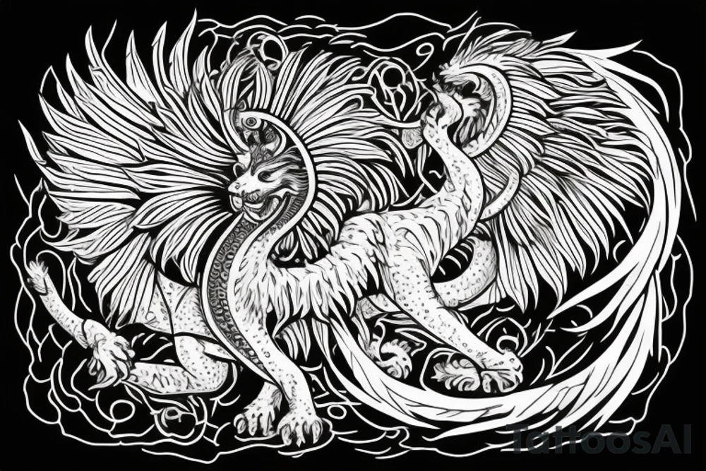 lion dragon shaman pegasus
 mystical
 lions mane
dragons wings
dragons feet
abstract negative space
dark
hallucinogenic
Fortune teller
Chrystal ball
Orbuculum tattoo idea