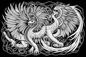 lion dragon shaman pegasus
 mystical
 lions mane
dragons wings
dragons feet
abstract negative space
dark
hallucinogenic
Fortune teller
Chrystal ball
Orbuculum tattoo idea