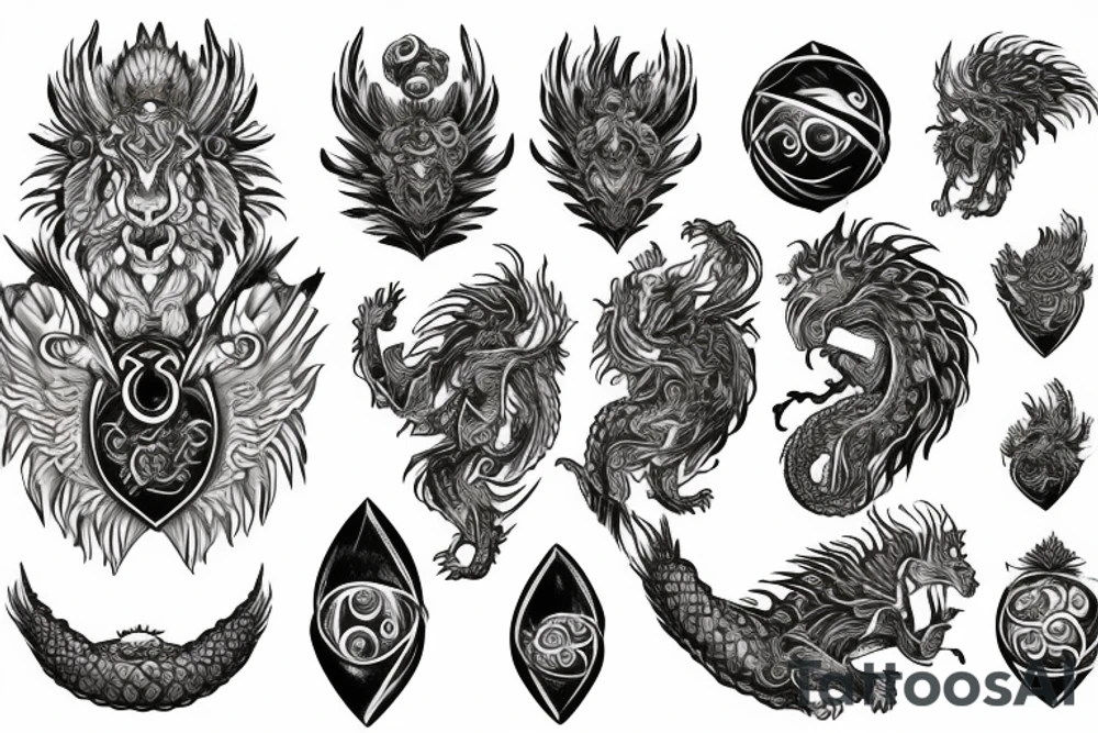 lion dragon shaman pegasus
 mystical
 lions mane
dragons wings
dragons feet
abstract negative space
dark
hallucinogenic
Fortune teller
Chrystal ball
Orbuculum tattoo idea