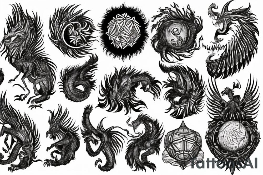 lion dragon shaman pegasus
 mystical
 lions mane
dragons wings
dragons feet
abstract negative space
dark
hallucinogenic
Fortune teller
Chrystal ball
Orbuculum tattoo idea
