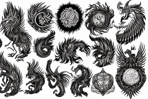 lion dragon shaman pegasus
 mystical
 lions mane
dragons wings
dragons feet
abstract negative space
dark
hallucinogenic
Fortune teller
Chrystal ball
Orbuculum tattoo idea