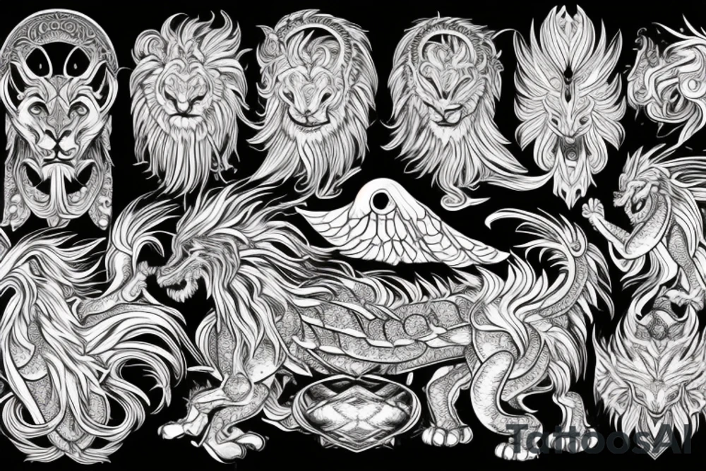 lion dragon shaman pegasus
 mystical
 lions mane
dragons wings
dragons feet
abstract negative space
dark
hallucinogenic
Fortune teller
Chrystal ball
Orbuculum tattoo idea