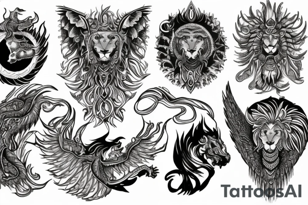 lion dragon shaman pegasus
 mystical
 lions mane
dragons wings
dragons feet
abstract negative space
dark
hallucinogenic
Fortune teller
Chrystal ball
Orbuculum tattoo idea