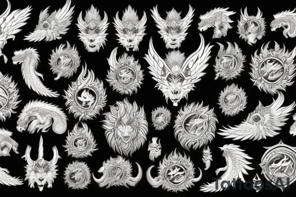 lion dragon shaman pegasus
 mystical
 lions mane
dragons wings
dragons feet
abstract negative space
dark
hallucinogenic
Fortune teller
Chrystal ball
Orbuculum tattoo idea
