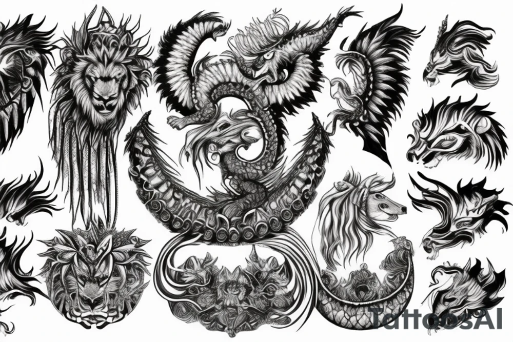 lion dragon shaman pegasus
 mystical
 lions mane
dragons wings
dragons feet
abstract negative space
dark
hallucinogenic
Fortune teller
Chrystal ball
Orbuculum tattoo idea