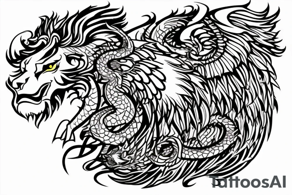 lion dragon shaman pegasus
 mystical
 lions mane
dragons wings
dragons feet
abstract negative space
dark
hallucinogenic
Fortune teller
Chrystal ball
Orbuculum tattoo idea