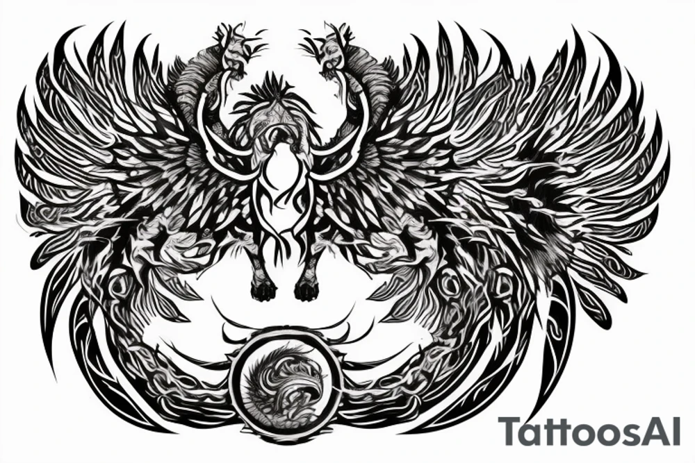 lion dragon shaman pegasus
 mystical
 lions mane
dragons wings
dragons feet
abstract negative space
dark
hallucinogenic
Fortune teller
Chrystal ball
Orbuculum tattoo idea