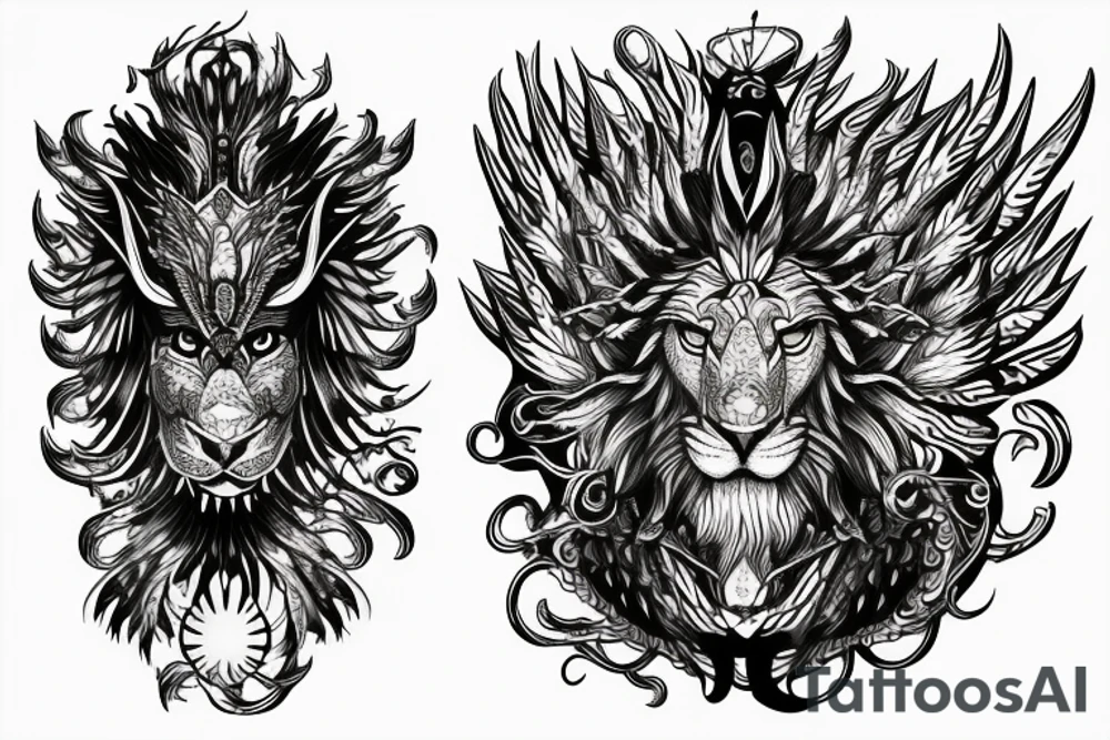 lion dragon shaman pegasus
 mystical
 lions mane
dragons wings
dragons feet
abstract negative space
dark
hallucinogenic
Fortune teller
Chrystal ball
Orbuculum tattoo idea