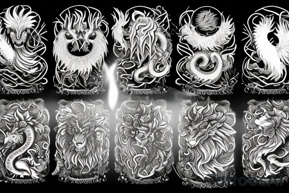 lion dragon shaman pegasus
 mystical
 lions mane
dragons wings
dragons feet
abstract negative space
dark
hallucinogenic
Fortune teller
Chrystal ball
Orbuculum tattoo idea