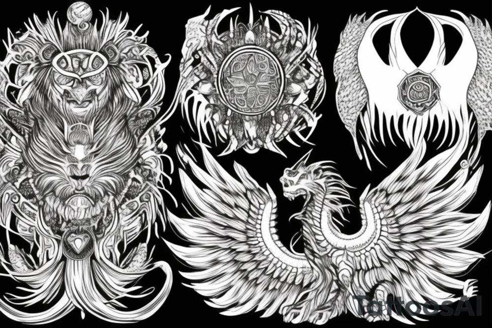 lion dragon shaman pegasus
 mystical
 lions mane
dragons wings
dragons feet
abstract negative space
dark
hallucinogenic
Fortune teller
Chrystal ball
Orbuculum tattoo idea