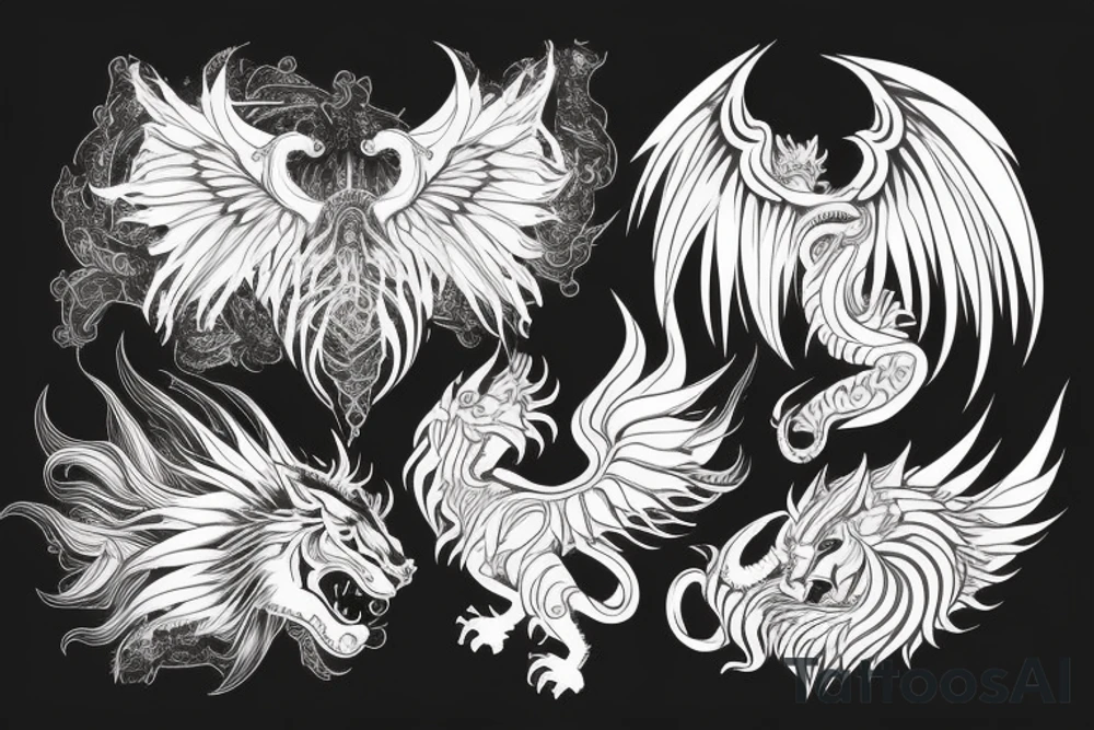 lion dragon shaman pegasus
 mystical
 lions mane
dragons wings
dragons feet
abstract negative space
dark
hallucinogenic
Fortune teller
Chrystal ball
Orbuculum tattoo idea