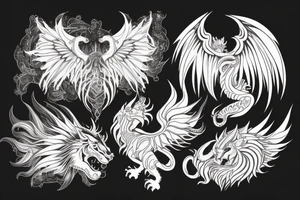 lion dragon shaman pegasus
 mystical
 lions mane
dragons wings
dragons feet
abstract negative space
dark
hallucinogenic
Fortune teller
Chrystal ball
Orbuculum tattoo idea