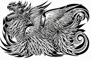 Lion dragon shaman Pegasus
 mystical
 lions mane
dragons wings
dragons feet
abstract negative space
dark
hallucinogenic
Fortune teller
Chrystal ball
Orbuculum tattoo idea