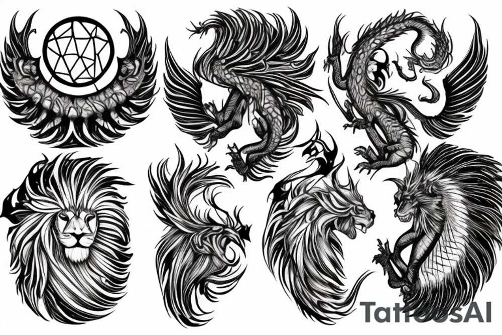 Lion dragon shaman Pegasus
 mystical
 lions mane
dragons wings
dragons feet
abstract negative space
dark
hallucinogenic
Fortune teller
Chrystal ball
Orbuculum tattoo idea