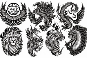 Lion dragon shaman Pegasus
 mystical
 lions mane
dragons wings
dragons feet
abstract negative space
dark
hallucinogenic
Fortune teller
Chrystal ball
Orbuculum tattoo idea